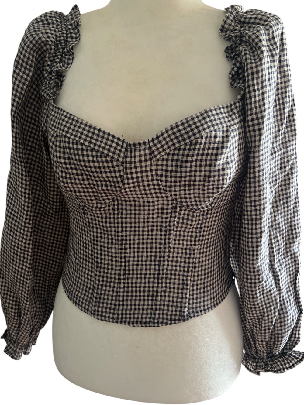 ASTR the Label Gaia Gingham Bustier Top L Boning Puff Sleeve Crop Too Linen